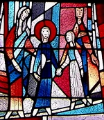 Szenen aus der Vita des hl. Benedikt von Nursia in den Glasfenstern der Abteikirche Kornelimünster, hier: Abschied aus dem Elternhaus