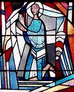 Szenen aus der Vita des hl. Benedikt von Nursia in den Glasfenstern der Abteikirche Kornelimünster, hier: Benedict in Sacro Speco