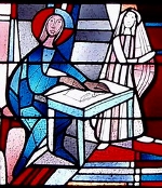 Szenen aus der Vita des hl. Benedikt von Nursia in den Glasfenstern der Abteikirche Kornelimünster, hier: Studium in Rom